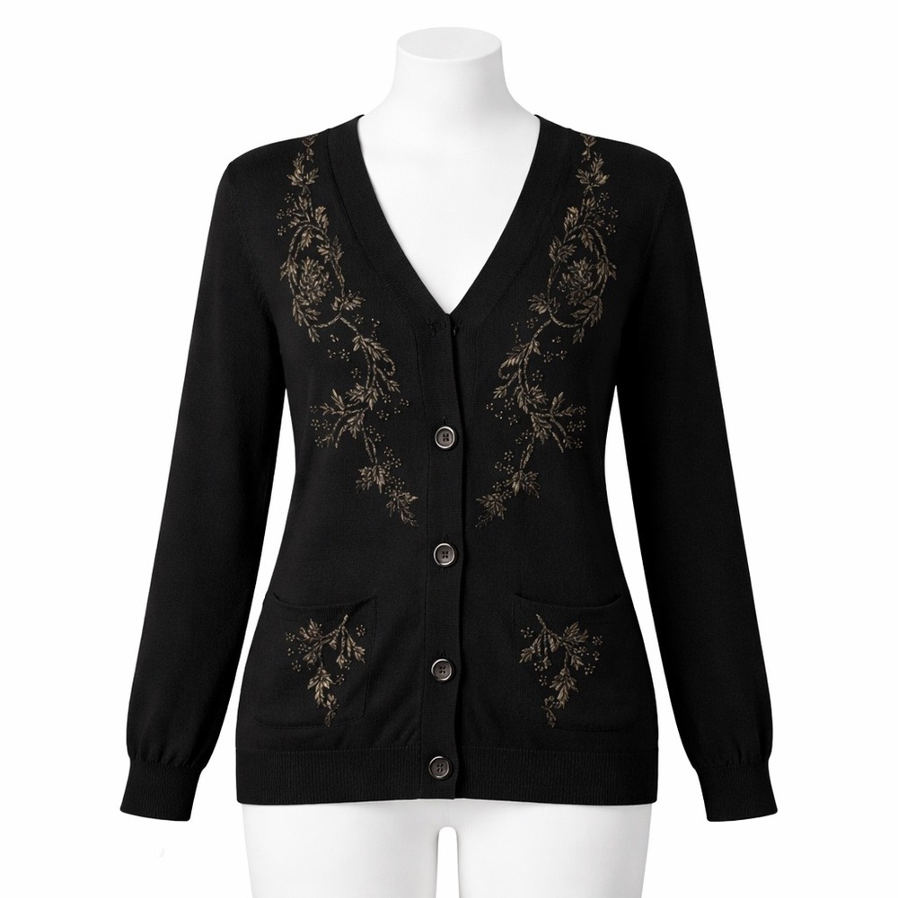 Worth Cardigan Women M Black Silk Blend Beaded Floral V-Neck Button Front Pocket
